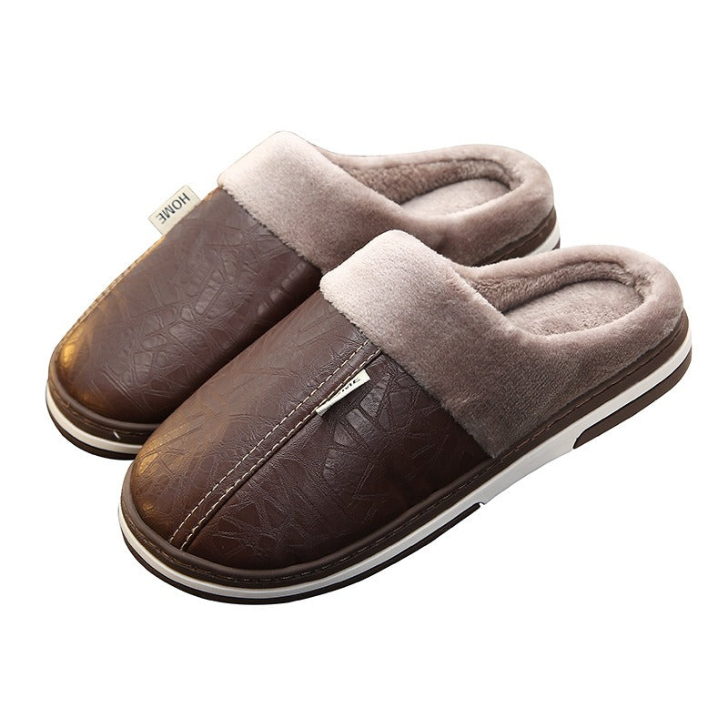 Cotton slippers in large size, winter waterproof home for couples, indoor anti slip and warm, men's external wear, women's soft soled PU leather slippers