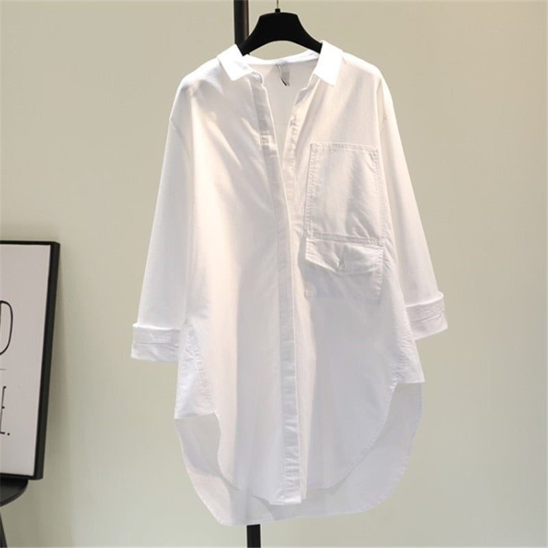 Design Sense White Fashion Front Short Back Long Shirt Women's  Spring And Autumn New Korean Loose Fashion Casual Shirt