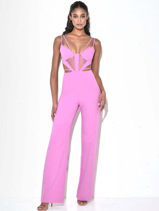 Pink suspender high waist wide leg pants jumpsuit high street sexy banquet party jumpsuit