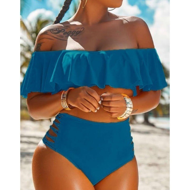 Summer New Split Swimsuit Off Shoulder Ruffle Edge Split Beach Bikini