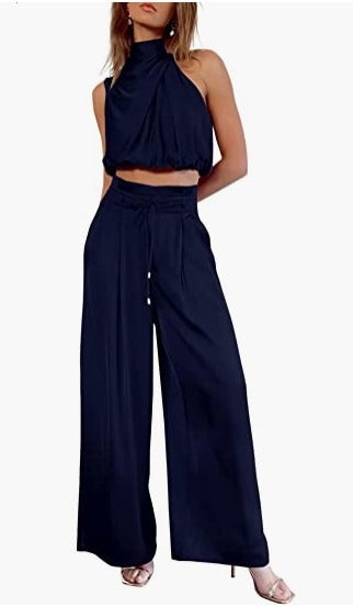 Women's 2-piece set, summer casual sleeveless collar exposed navel top, wide leg pants set