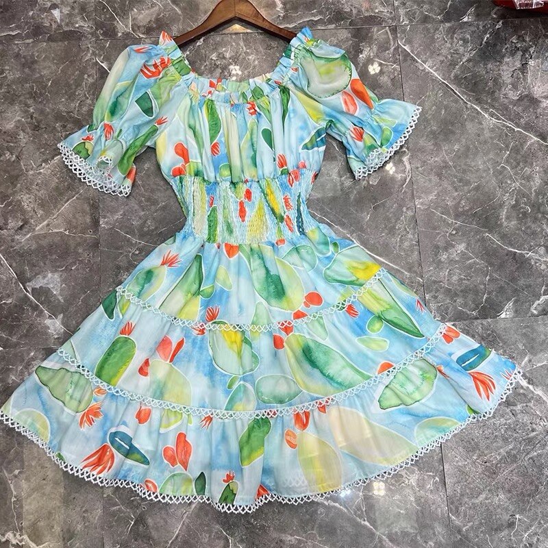 Fashion Vintage Puff Sleeve Summer Green Floral Pattern Mini Dresses Casual Elastic Wait Dresses