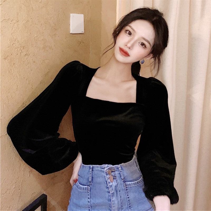 Black Flannel Blouses Women Vintage Lantern Puff Sleeve Velvet Shirts Female French Style Square Collar Tops