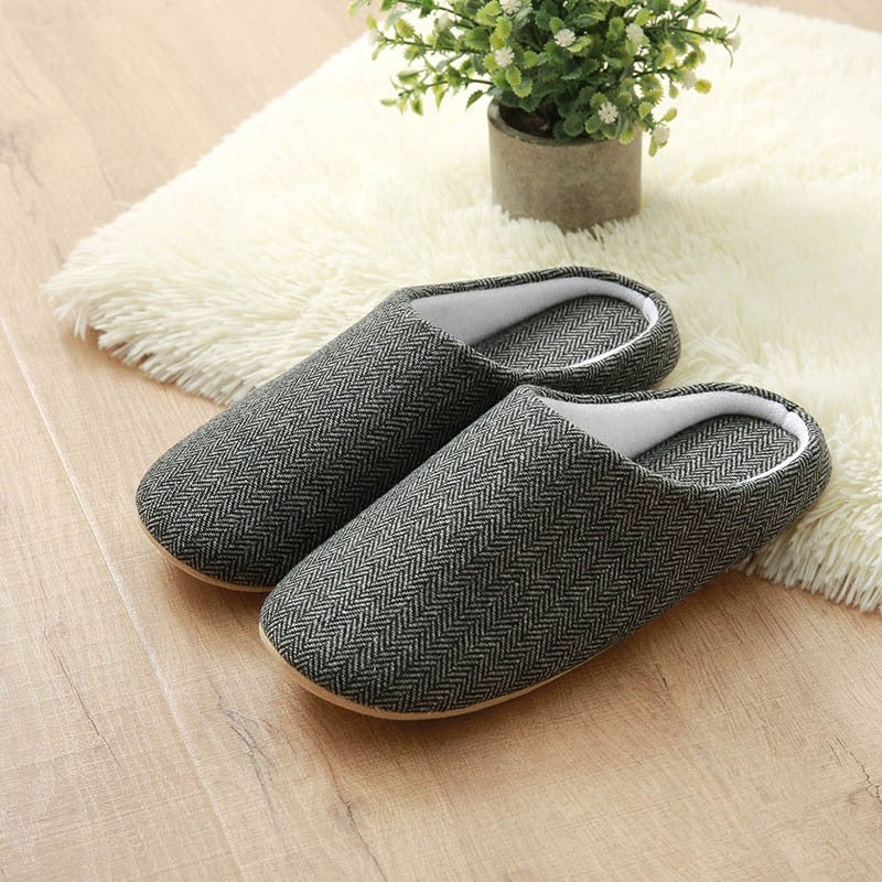 Japanese and Korean wooden floor fabric art men's and women's indoor cotton and linen slippers, home pure black cotton cloth slippers