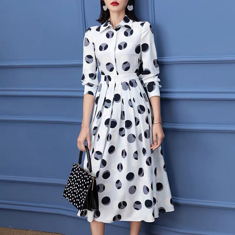 Celebrity stylish turn down collar polka dot white elegant midi dresses fashion robe Office Lady clothing OL dress