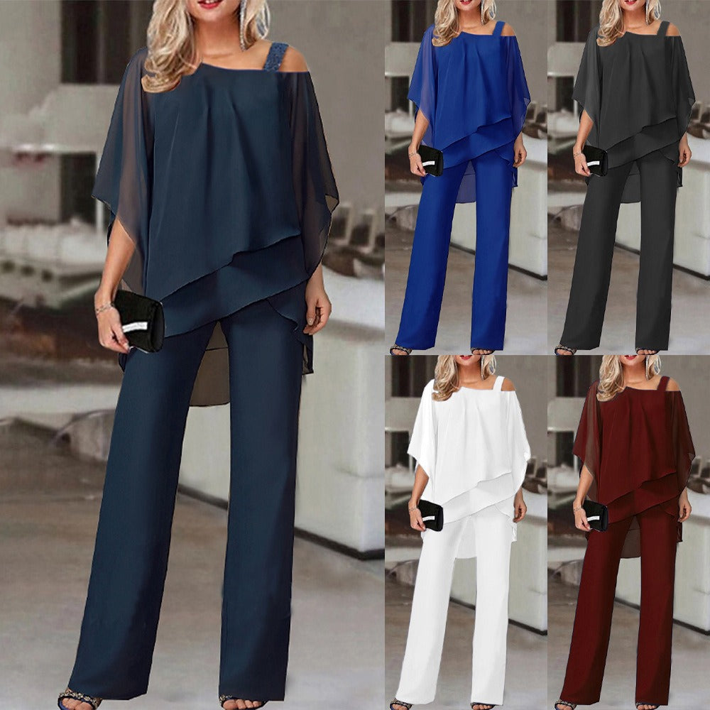 Women's New European and American Fashion Solid Color Loose Leisure Bat Sleeve Long Pants Irregular Fashion Casual Set