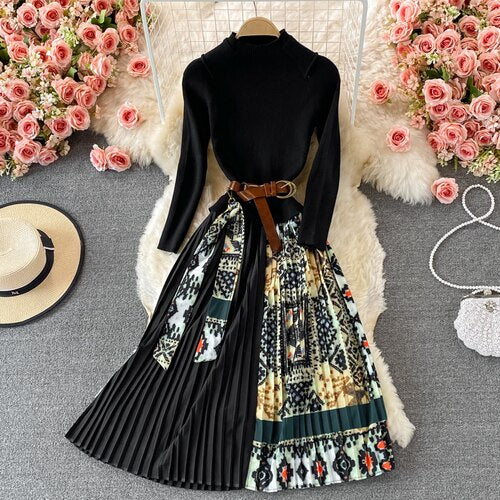 Belt Pleated Dress Summer Casual O Neck A Line Lady Full Dress High Waist Mid Calf Women Sweater Medium Dresses