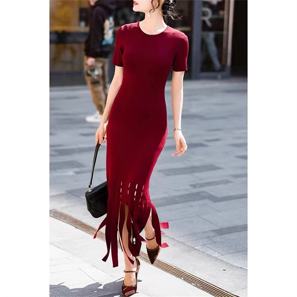 Fashion casual short-sleeved slim-fitting long hollow-out fringe dress