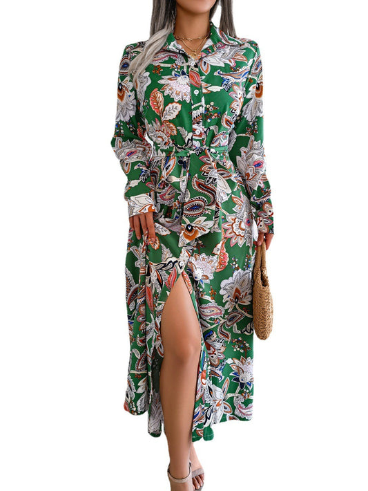 Retro floral lapel tie up shirt skirt