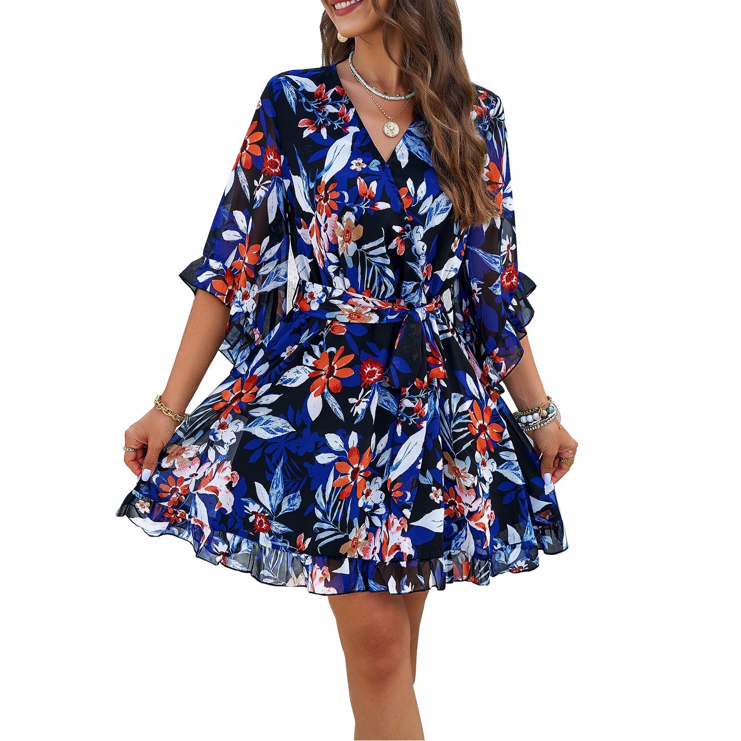 Spring/Summer elegance printed lace-up dress