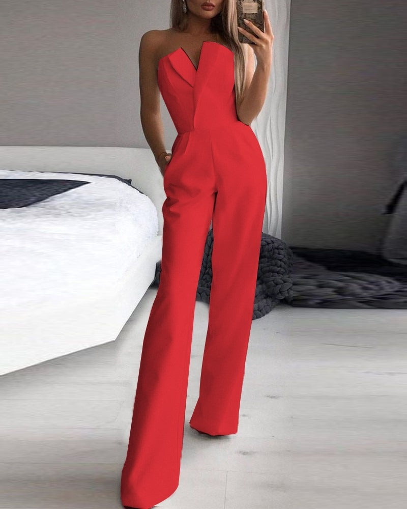 Jumpsuit with slanted collar and mid waist for a stylish commuting jumpsuit