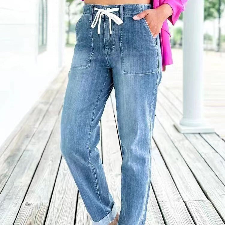 Spring and Autumn Jeans Women's Loose Harlan Pants Elastic Waist Versatile Casual Straight leg Pants