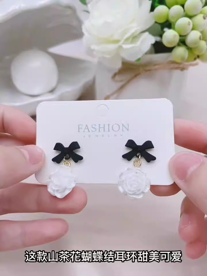 Silver Needle Korean Flower Bow Earrings for Women