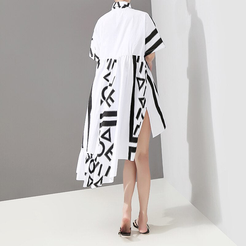 New Geometric Printed Woman Summer Stylish White Midi Shirt Dress Big Size Lapel Lady Streetwear Casual Dresses Robe Style