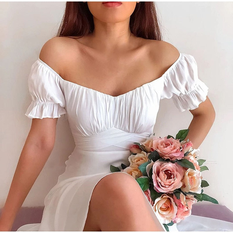 Summer Women's Dress  Sexy Off Shoulder Solid White A-Line High Waist Short Petal Sleeve Elegant Office Lady Dresses Party