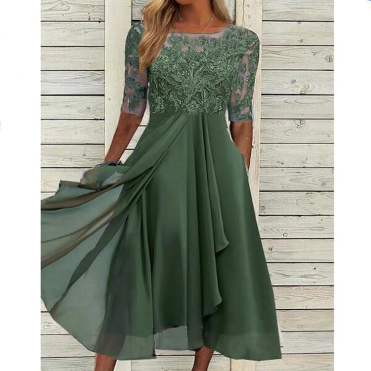 Dress chiffon patchwork lace hollow out long dress bridesmaid evening dress for women