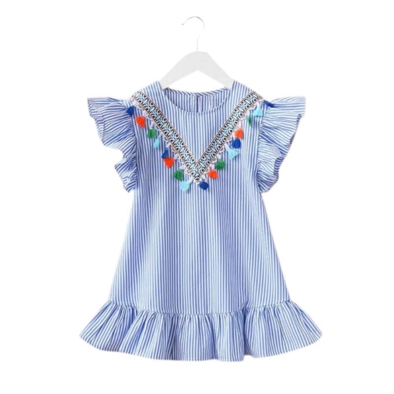 Summer Girls Tassel Flying Sleeve Dresses Stripe Cotton Cute Kids Party Dresses for Kids girls Princess Dress Tops Clothes