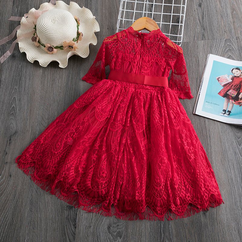 Red Kids Dresses For Girls Flower Lace Tulle Dress Wedding Little Girl Ceremony Party Birthday Dress Children Autumn Clothing