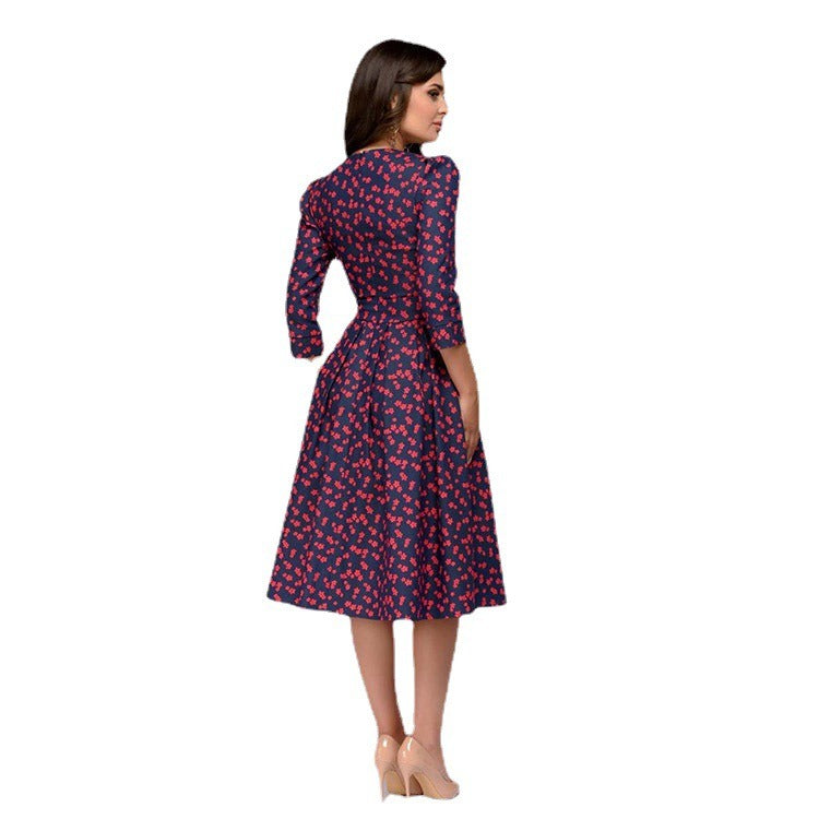 Retro Small Fragmented Flower 3/4 Sleeve Round Neck Dress