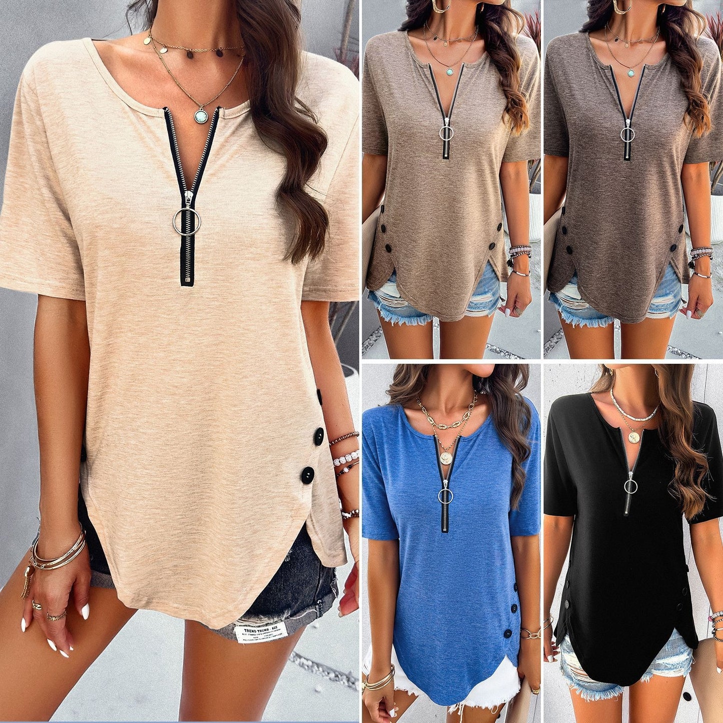 Casual women's spring summer casual solid color short-sleeved top