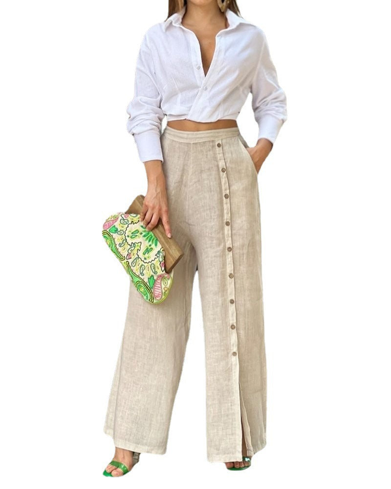 European and American Womens Fashion Casual Solid Color Lapel Shirt Loose Pants Two Piece Set