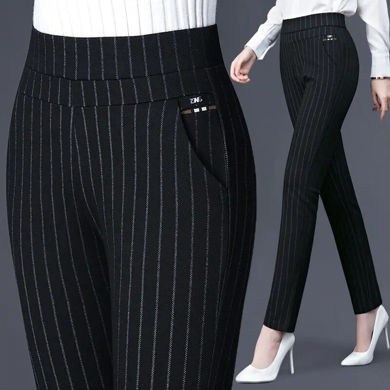 New style women's elastic high waisted casual pants with elastic stripes for slimming middle-aged women's straight leg pants