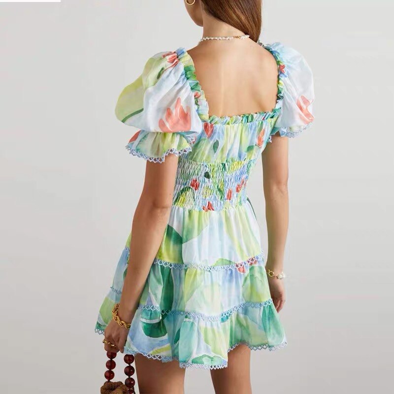 Fashion Vintage Puff Sleeve Summer Green Floral Pattern Mini Dresses Casual Elastic Wait Dresses