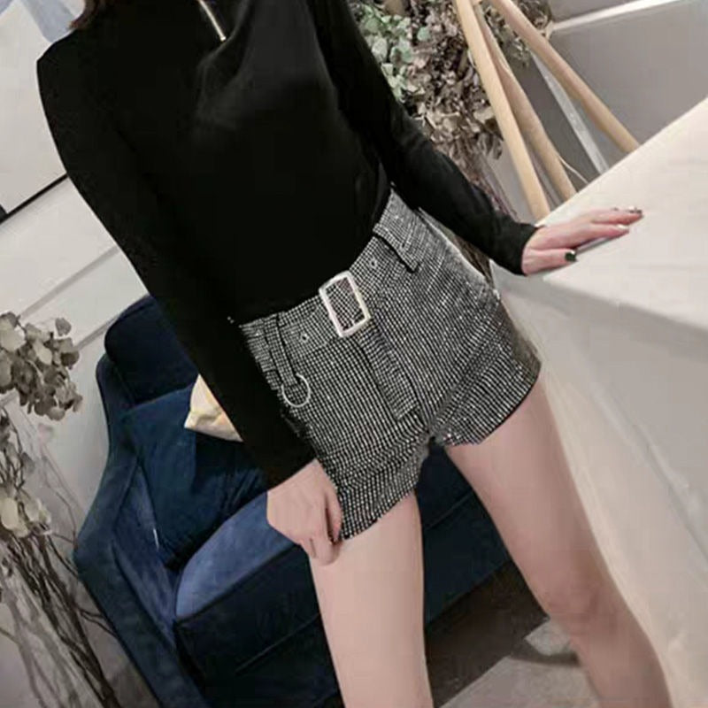 Heavy Industry Hot Diamond High Waist Shorts Womens New Network Red Versatile Diamond Belt Wide Leg Pants Black Shorts Fashion