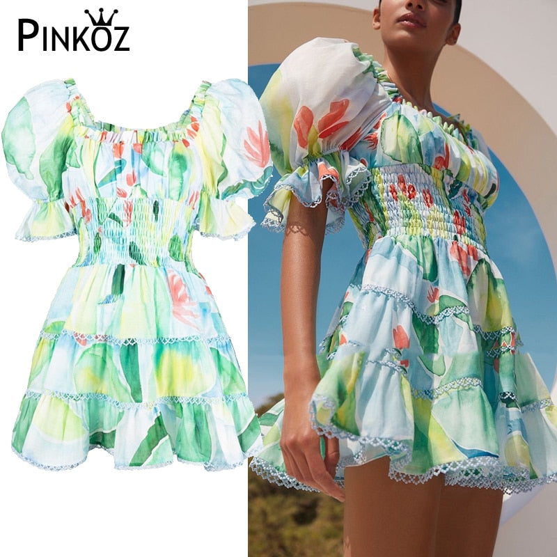 Fashion Vintage Puff Sleeve Summer Green Floral Pattern Mini Dresses Casual Elastic Wait Dresses