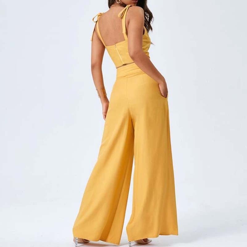 European and American Womens Open Back Suspender Top Fashionable Temperament Wide Leg Pants Casual Pants Two Piece Set for Women