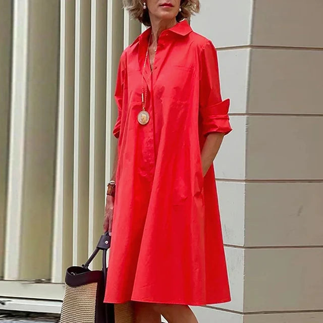 Autumn New Simple Shirt Dress Casual Solid Color Long Sleeves Fashion Turn-down Collar Elegant Pocket Streetwear Female Dresses