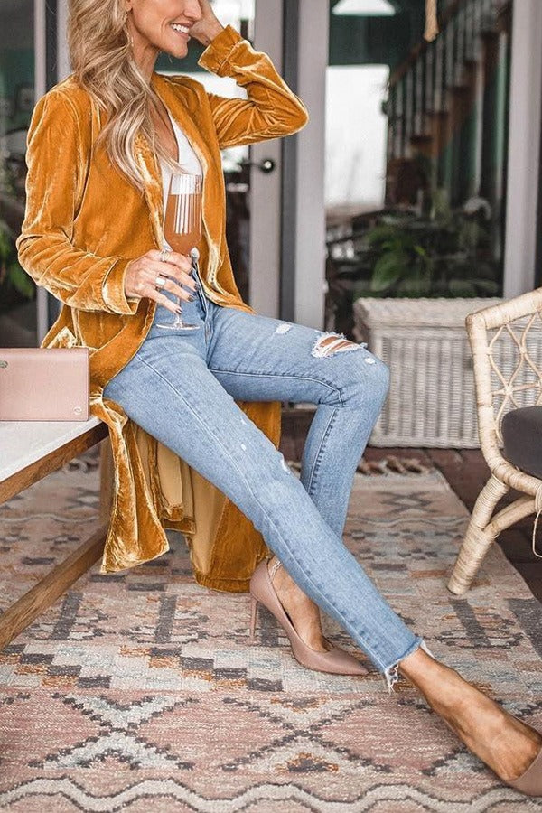 Autumn and Winter Street Trendy European and American Women's Loose Gold Velvet Elastic Long Coat