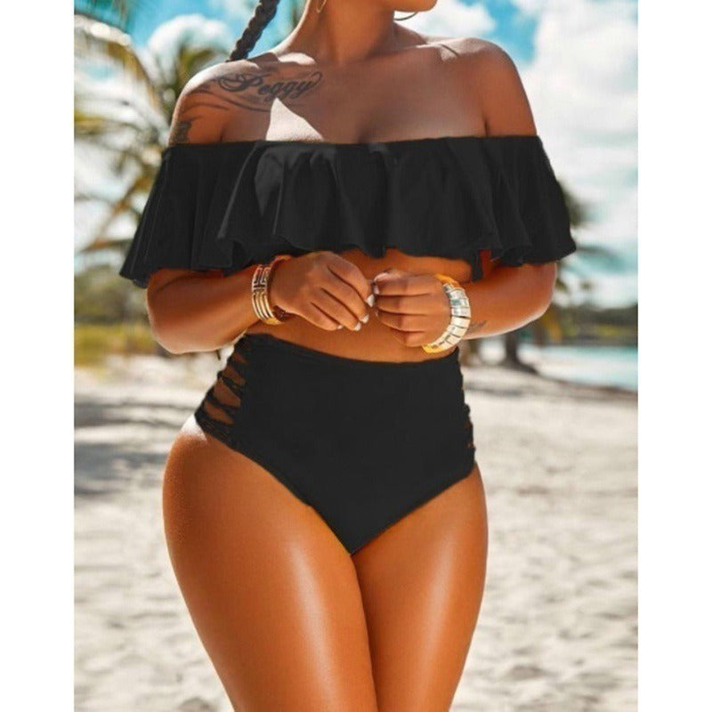 Summer New Split Swimsuit Off Shoulder Ruffle Edge Split Beach Bikini