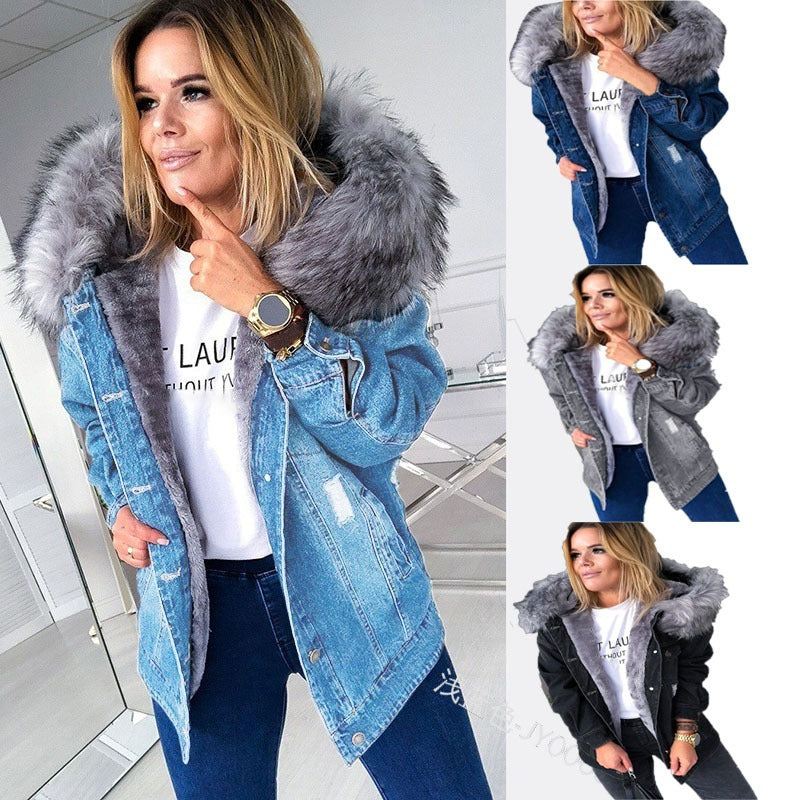 Women's slim fitting cotton jacket and denim jacket with a plush collar