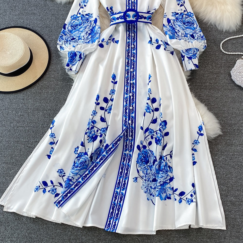 Blue and white porcelain printed standing collar single breasted formal dress with large hem long skirt