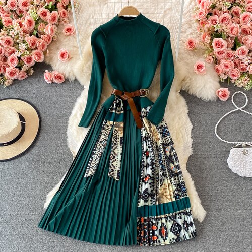 Belt Pleated Dress Summer Casual O Neck A Line Lady Full Dress High Waist Mid Calf Women Sweater Medium Dresses