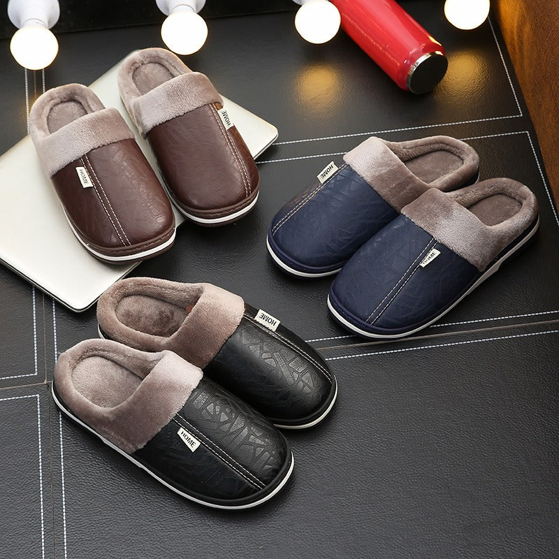 Cotton slippers in large size, winter waterproof home for couples, indoor anti slip and warm, men's external wear, women's soft soled PU leather slippers