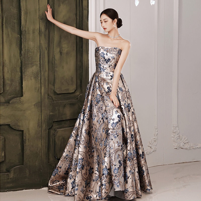 Jacquard Printed Satin With Train Princess Sleeveless Strapless A Line Long Celebrity Prom Ball Gowns