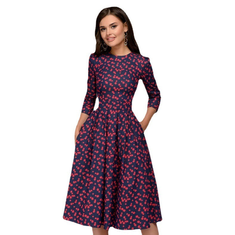 Retro Small Fragmented Flower 3/4 Sleeve Round Neck Dress