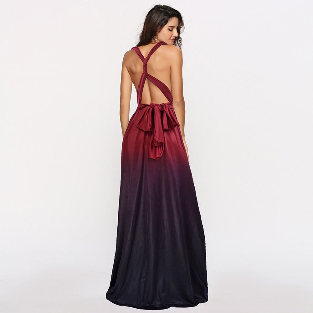 Hot selling multi wear method, cross over backless sexy strapping, gradient color long dress dress