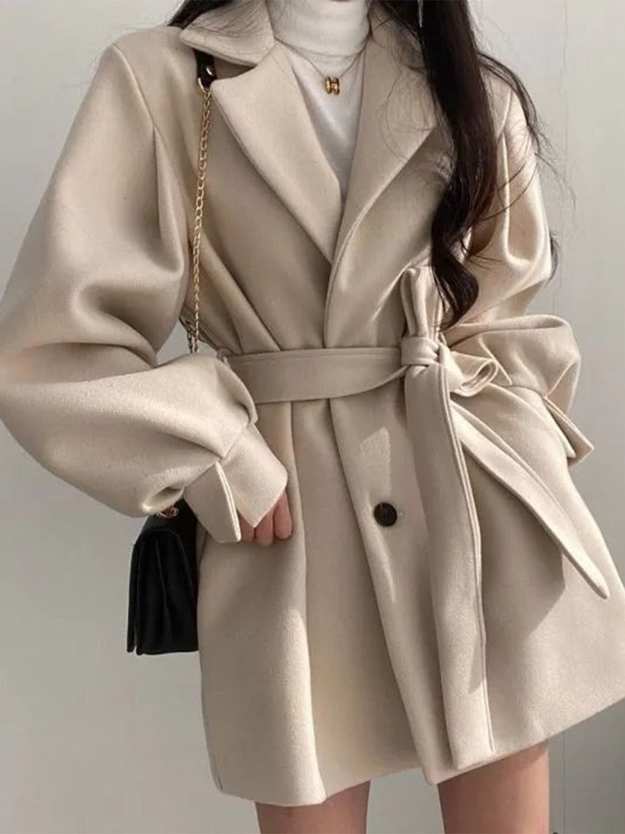 Hepburn style waistband woolen coat for women's autumn and winter lace up woolen coat