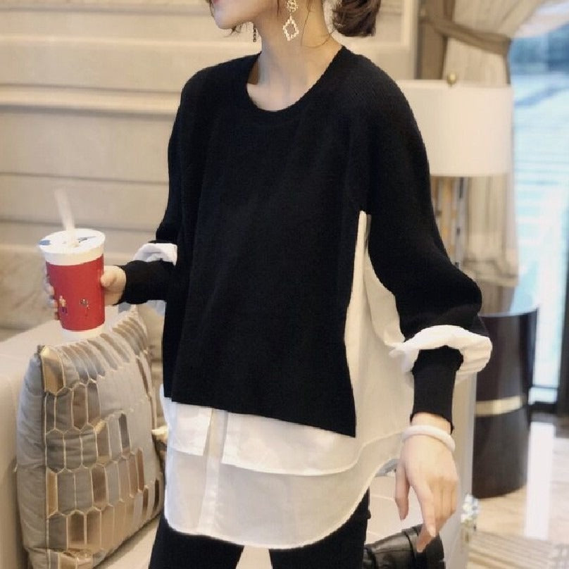 Shirt patchwork pullover sweater for women's autumn and winter vacation two-piece loose knit top, stylish lantern sleeves, versatile sweater