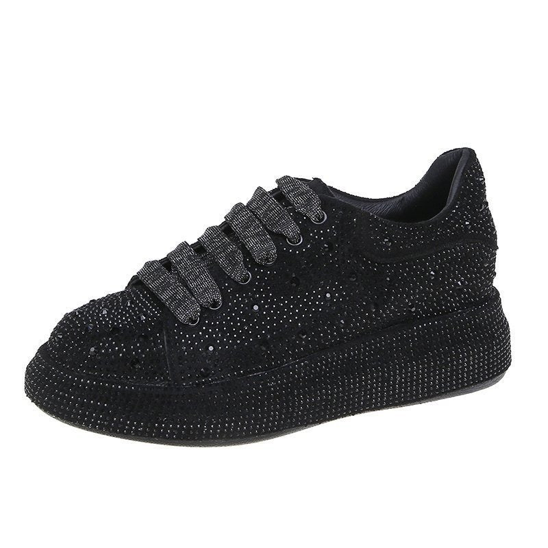 Autumn new full diamond sponge cake thick sole sports and leisure shoes, popular on the internet with leather surface women's single shoe trend