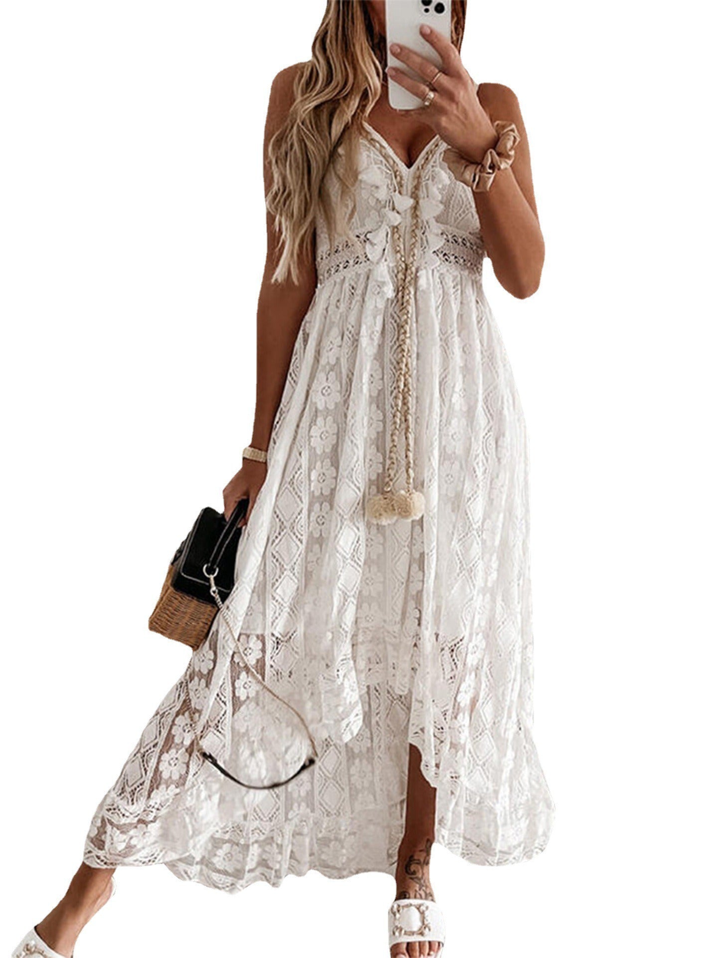 V-neck white lace irregular long dress for women