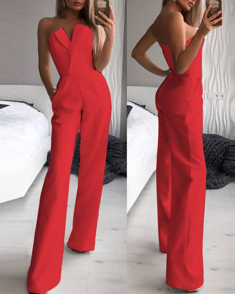 Jumpsuit with slanted collar and mid waist for a stylish commuting jumpsuit