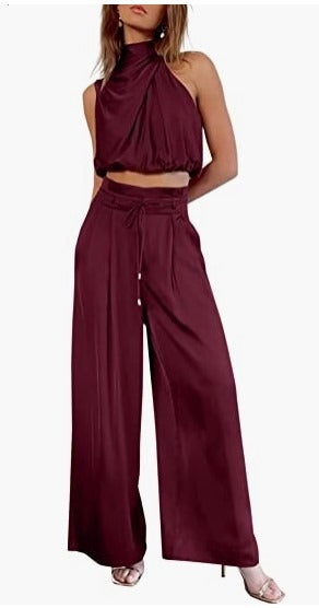 Women's 2-piece set, summer casual sleeveless collar exposed navel top, wide leg pants set