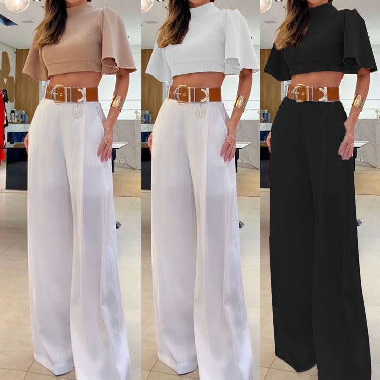 Summer Womens High Neck Flare Sleeves Sexy Cross Back Top Loose Wide Leg Pants Set for Women