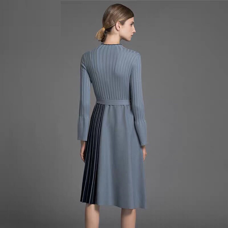 Elegant Lady Midi Dress Patchwork Striped Blue Flare Long Sleeve Office Lady Robe Dresses Autumn Winter Plus Size