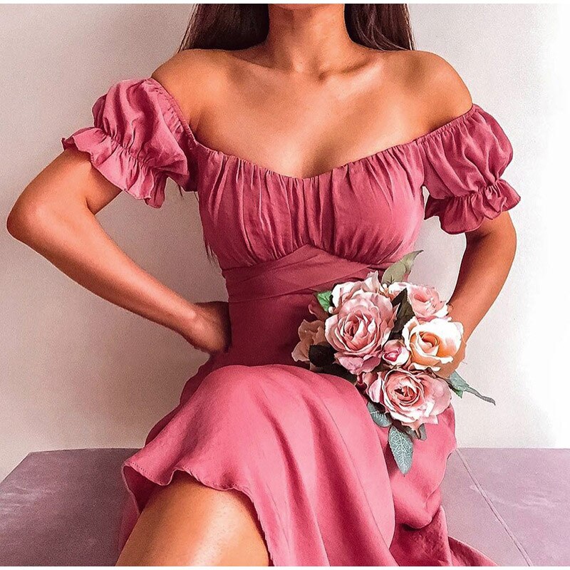 Summer Women's Dress  Sexy Off Shoulder Solid White A-Line High Waist Short Petal Sleeve Elegant Office Lady Dresses Party