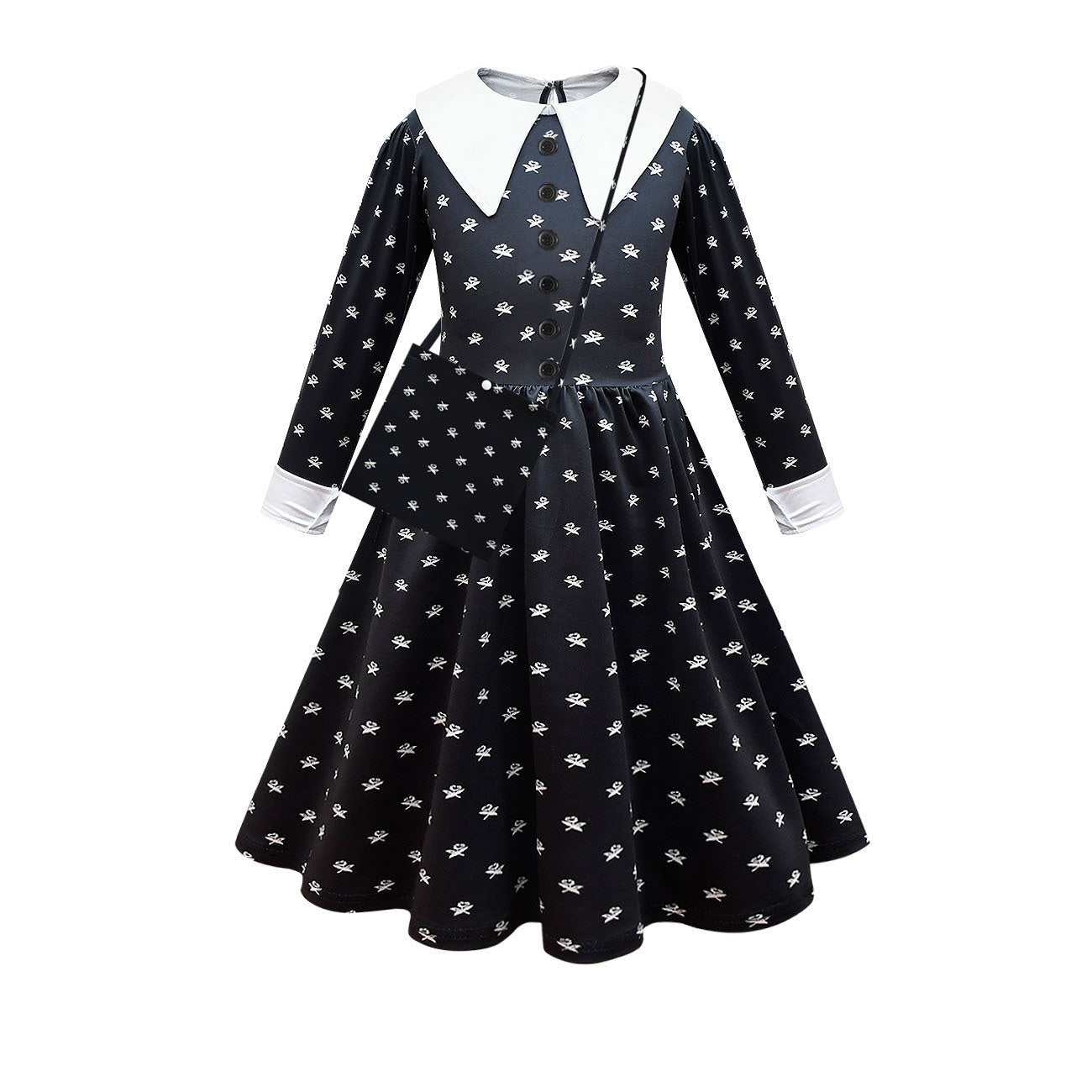 Childrens Long Sleeved Dresses Adams Family Cosplay Girls Lapel Mid Length Dresses